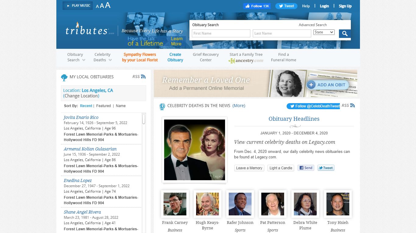 Online Obituaries, Funeral Notices and Death Records - Tributes.com